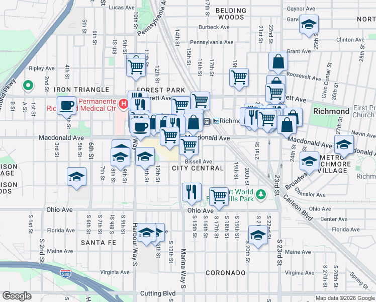 map of restaurants, bars, coffee shops, grocery stores, and more near 248 15th Street in Richmond