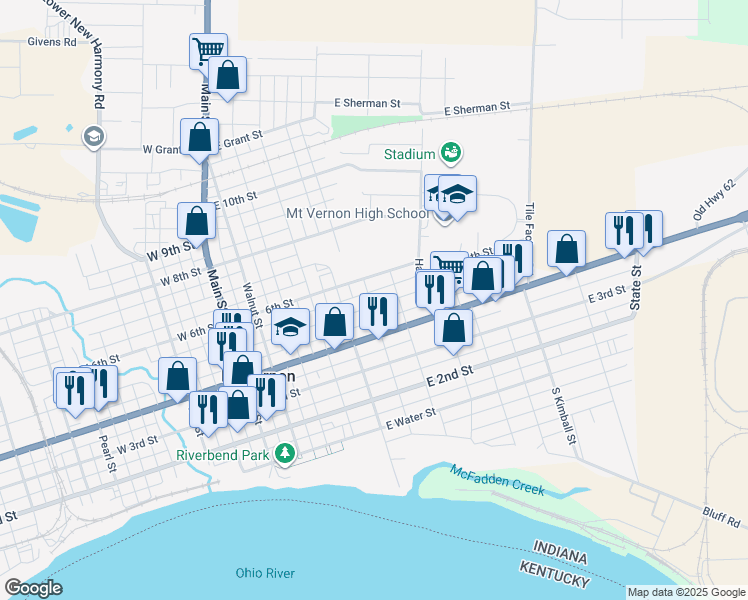 map of restaurants, bars, coffee shops, grocery stores, and more near 601 East 5th Street in Mount Vernon