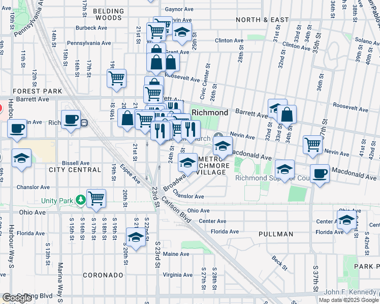 map of restaurants, bars, coffee shops, grocery stores, and more near 247 Civic Center Street in Richmond