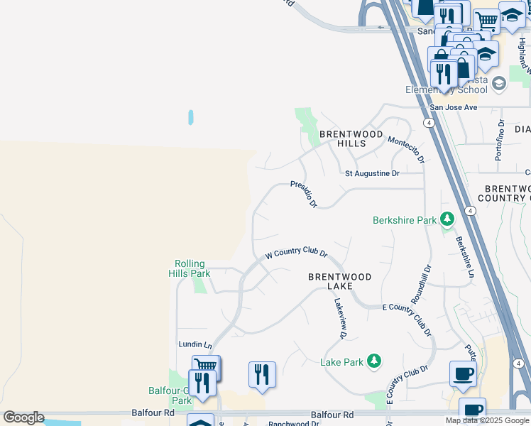 map of restaurants, bars, coffee shops, grocery stores, and more near 727 Bentley Court in Brentwood
