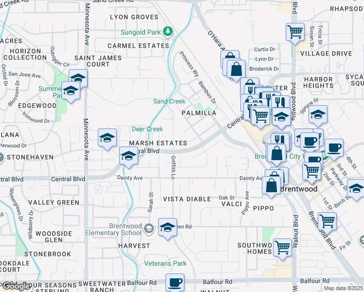 map of restaurants, bars, coffee shops, grocery stores, and more near 410 Lotus Ct in Brentwood