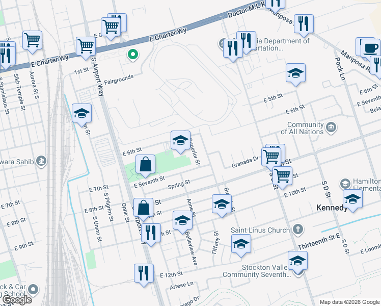 map of restaurants, bars, coffee shops, grocery stores, and more near 2030 Superior Street in Stockton