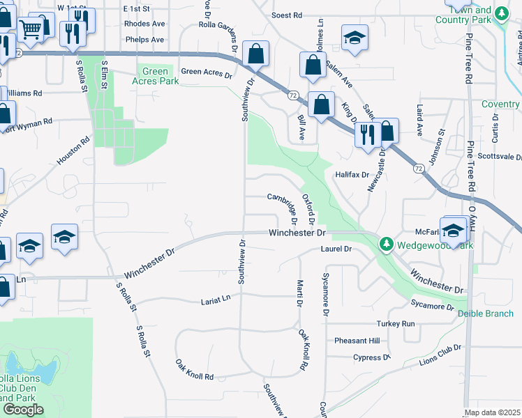 map of restaurants, bars, coffee shops, grocery stores, and more near 607 Norwich Drive in Rolla