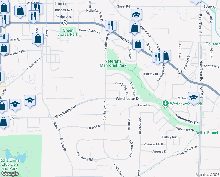 map of restaurants, bars, coffee shops, grocery stores, and more near 605 Norwich Drive in Rolla