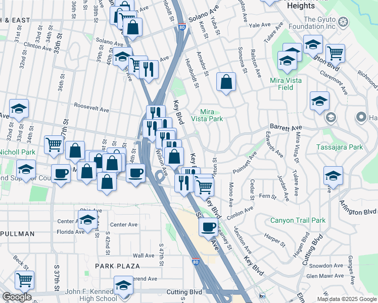 map of restaurants, bars, coffee shops, grocery stores, and more near 455 Key Boulevard in Richmond
