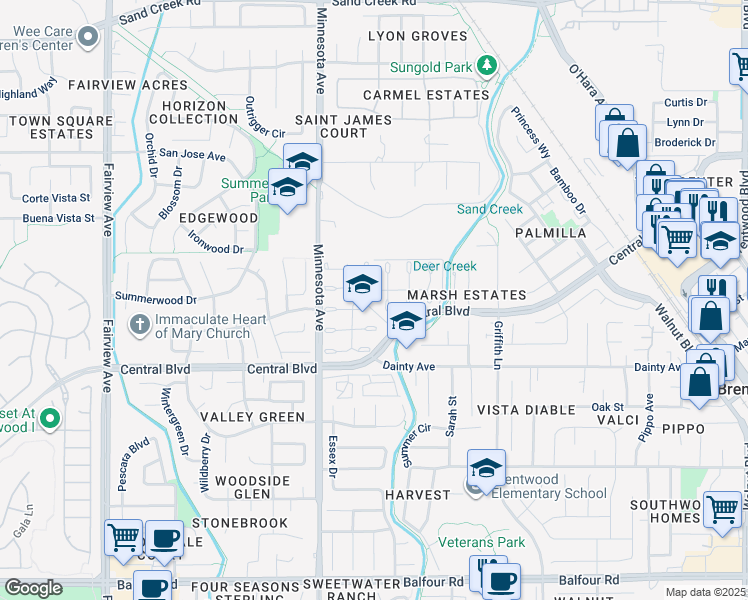map of restaurants, bars, coffee shops, grocery stores, and more near 670 Rocky Creek Terrace in Brentwood