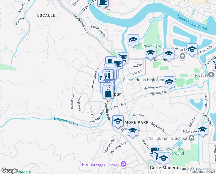 map of restaurants, bars, coffee shops, grocery stores, and more near 435 Magnolia Avenue in Larkspur