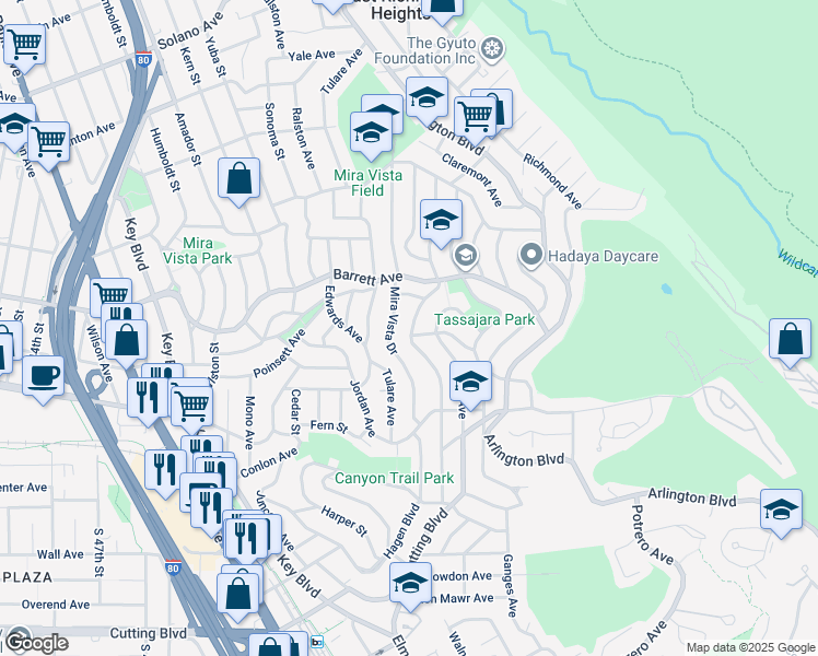 map of restaurants, bars, coffee shops, grocery stores, and more near 2512 Carquinez Avenue in El Cerrito