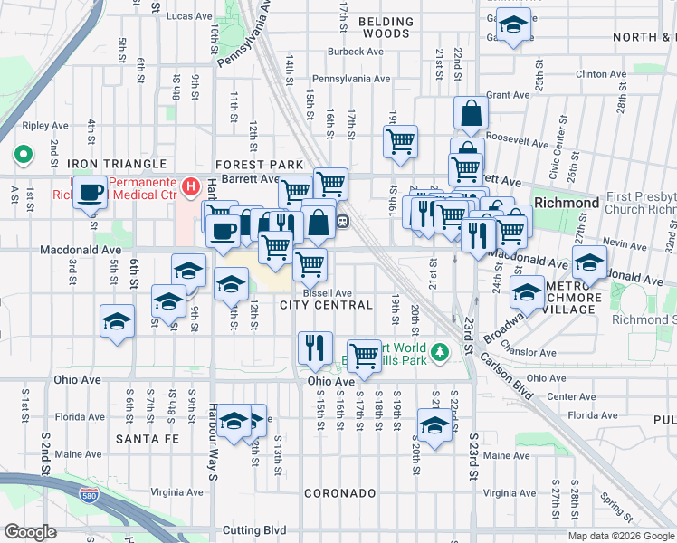 map of restaurants, bars, coffee shops, grocery stores, and more near 251 17th Street in Richmond