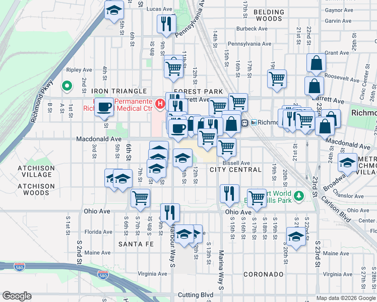 map of restaurants, bars, coffee shops, grocery stores, and more near 1250 Macdonald Avenue in Richmond