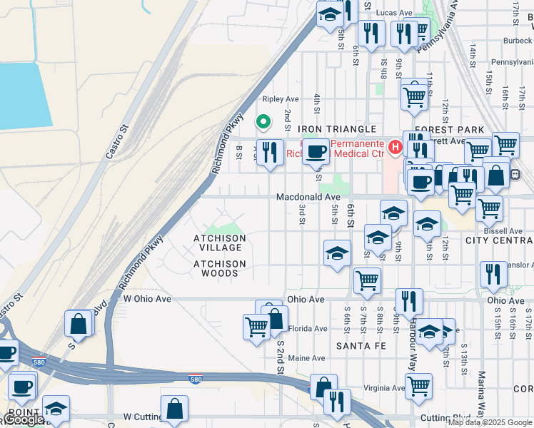map of restaurants, bars, coffee shops, grocery stores, and more near 246 1st Street in Richmond