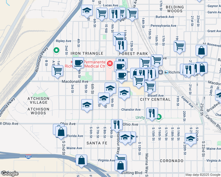 map of restaurants, bars, coffee shops, grocery stores, and more near 241 9th Street in Richmond