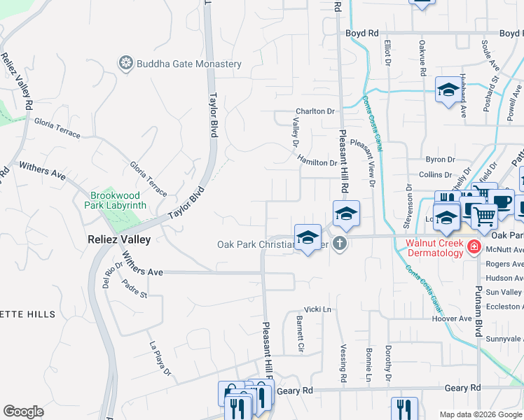 map of restaurants, bars, coffee shops, grocery stores, and more near 447 Cumberland Drive in Pleasant Hill