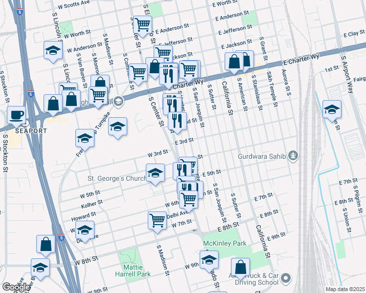 map of restaurants, bars, coffee shops, grocery stores, and more near 1700 South El Dorado Street in Stockton