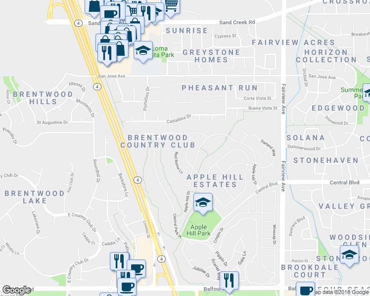 map of restaurants, bars, coffee shops, grocery stores, and more near 640 Red Rome Lane in Brentwood