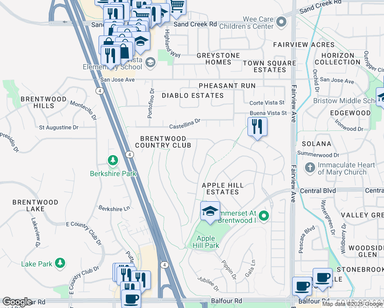 map of restaurants, bars, coffee shops, grocery stores, and more near 611 Sundale Lane in Brentwood