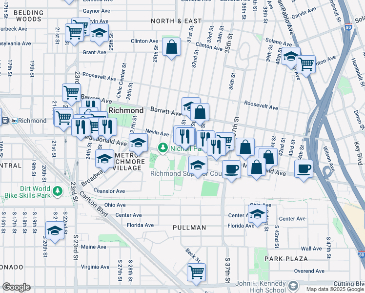map of restaurants, bars, coffee shops, grocery stores, and more near 320 32nd Street in Richmond
