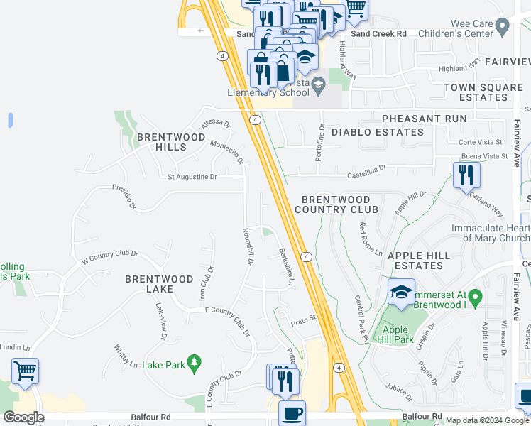 map of restaurants, bars, coffee shops, grocery stores, and more near 876 Inverness Lane in Brentwood