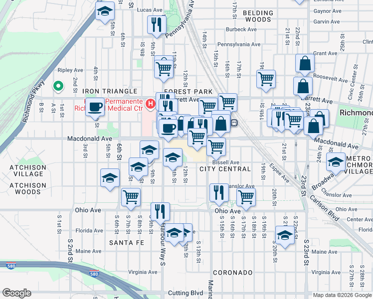 map of restaurants, bars, coffee shops, grocery stores, and more near 1250 Macdonald Avenue in Richmond