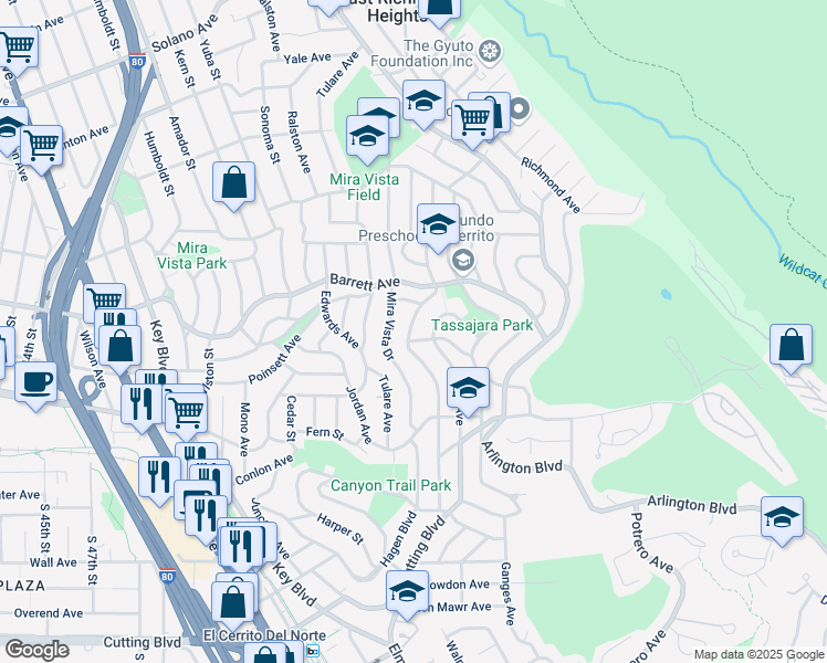 map of restaurants, bars, coffee shops, grocery stores, and more near 2512 Carquinez Avenue in El Cerrito