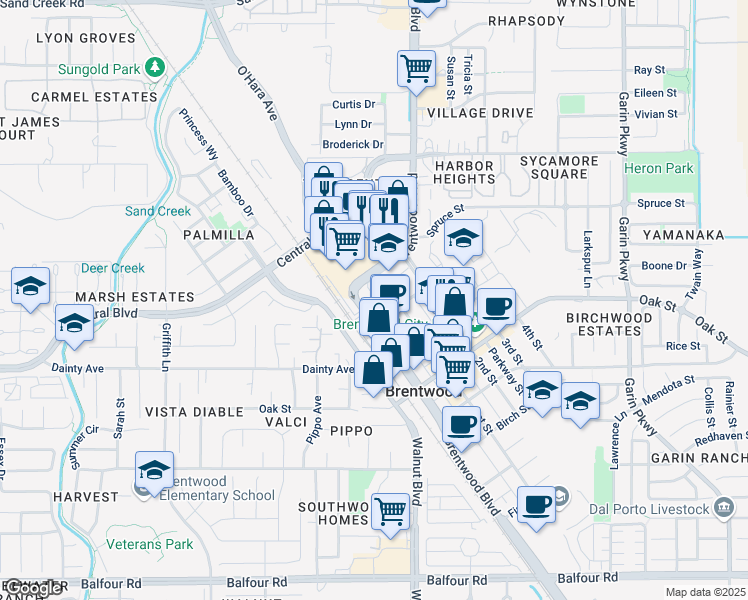 map of restaurants, bars, coffee shops, grocery stores, and more near 3 Diablo Way in Brentwood