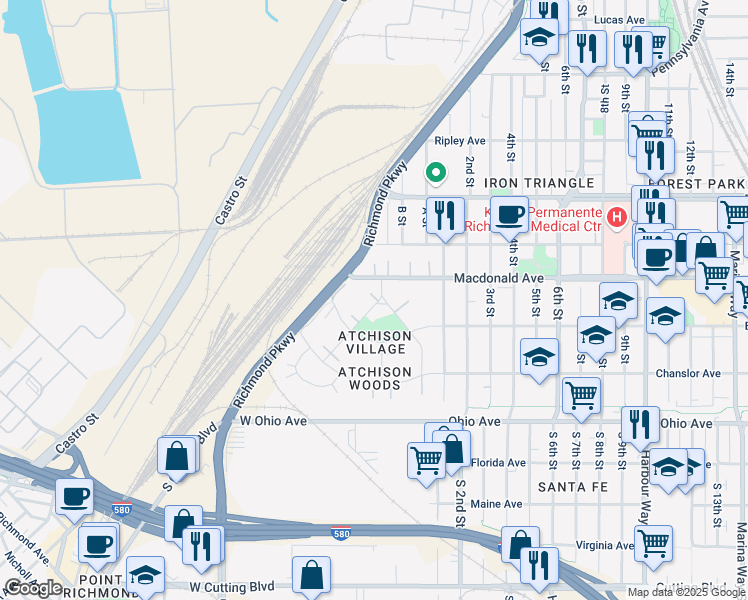 map of restaurants, bars, coffee shops, grocery stores, and more near 251 Curry Street in Richmond