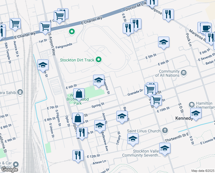 map of restaurants, bars, coffee shops, grocery stores, and more near 2030 Superior Street in Stockton