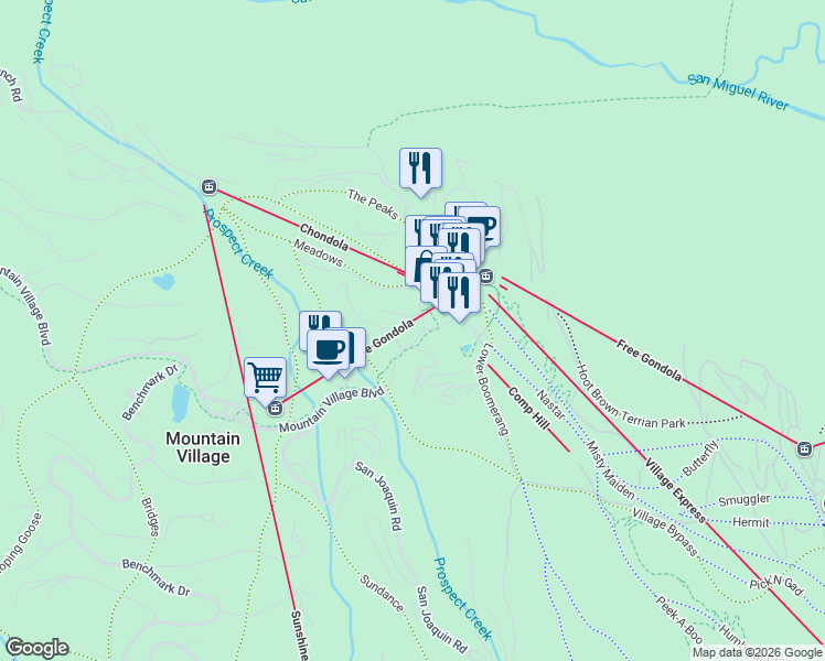 map of restaurants, bars, coffee shops, grocery stores, and more near in Mountain Village