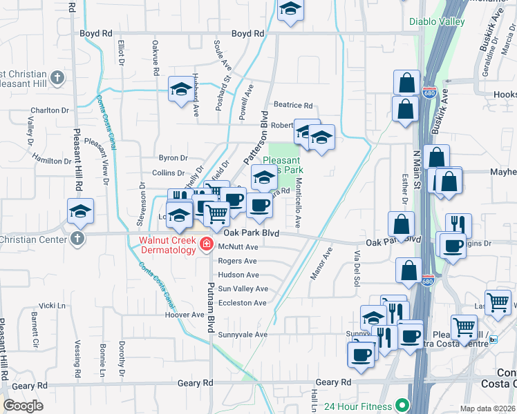 map of restaurants, bars, coffee shops, grocery stores, and more near 65 Monte Cresta Avenue in Pleasant Hill