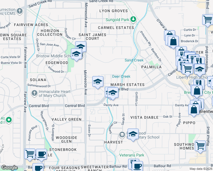 map of restaurants, bars, coffee shops, grocery stores, and more near 680 Timberline Terrace in Brentwood