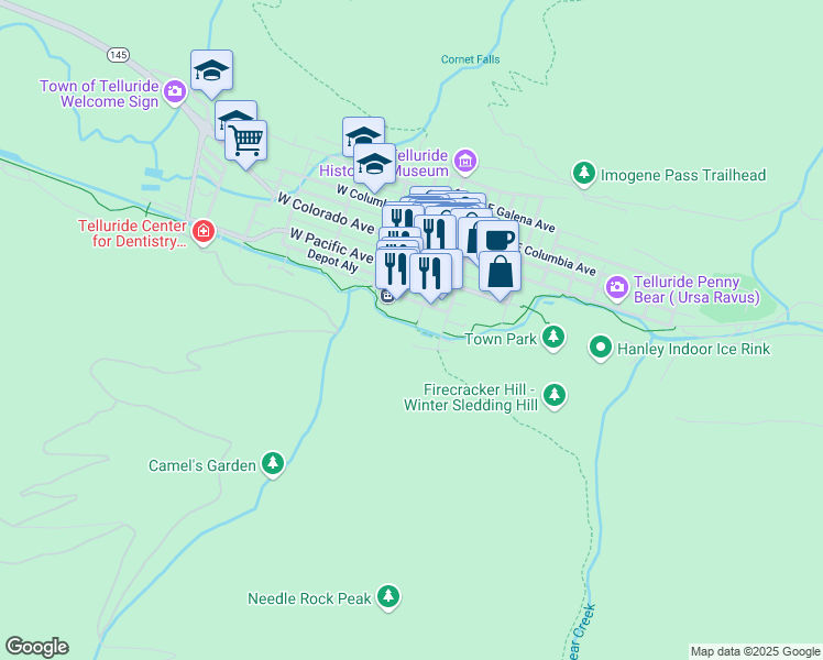 map of restaurants, bars, coffee shops, grocery stores, and more near 400 South Fir Street in Telluride