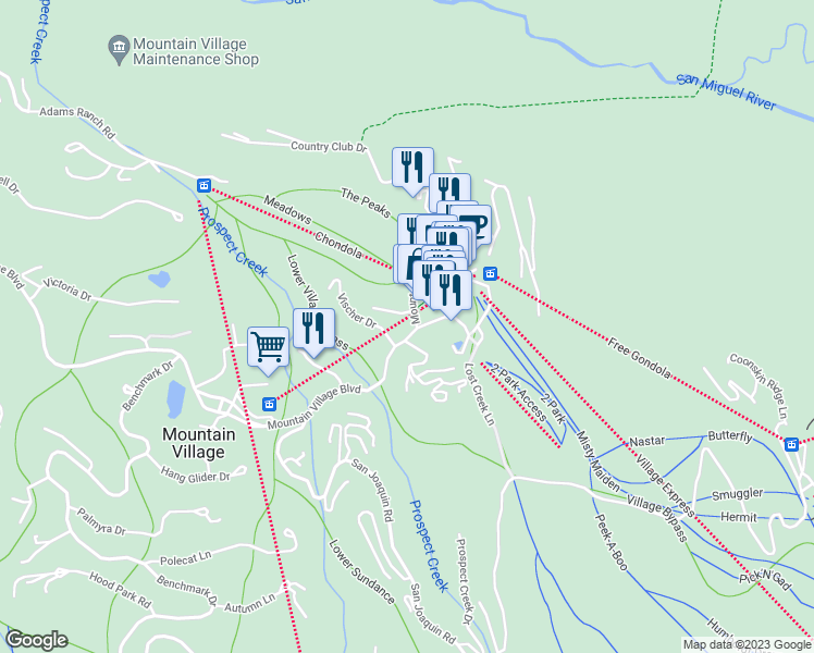 map of restaurants, bars, coffee shops, grocery stores, and more near 557 Mountain Village Boulevard in Mountain Village