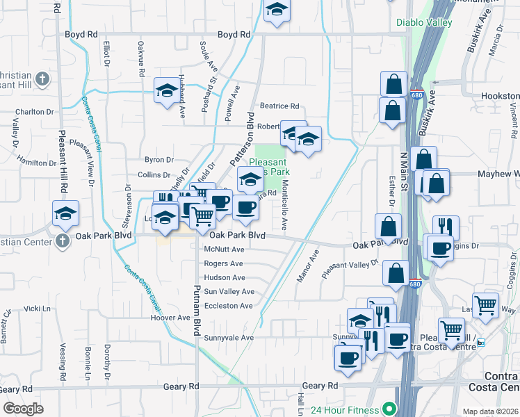 map of restaurants, bars, coffee shops, grocery stores, and more near 77 Santa Barbara Road in Pleasant Hill