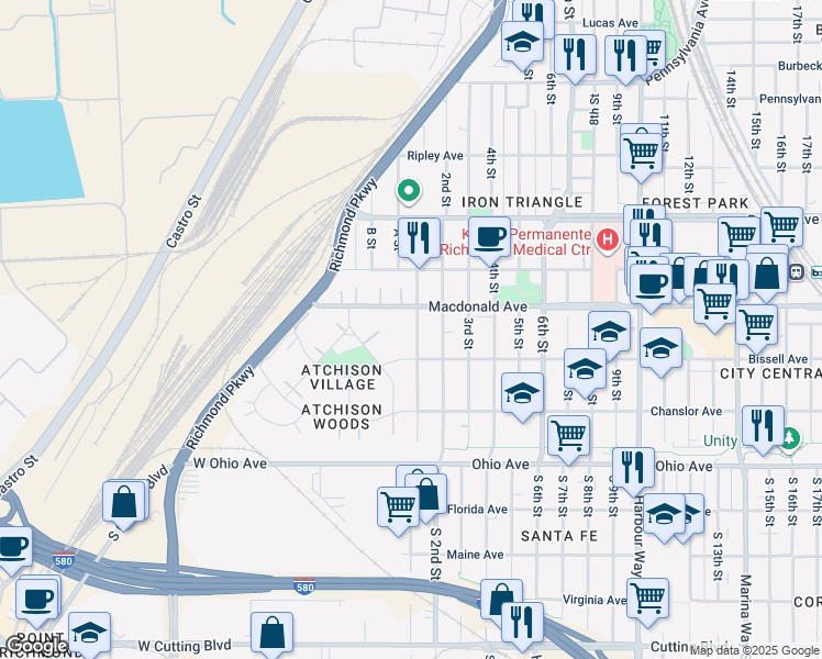 map of restaurants, bars, coffee shops, grocery stores, and more near 249 1st Street in Richmond