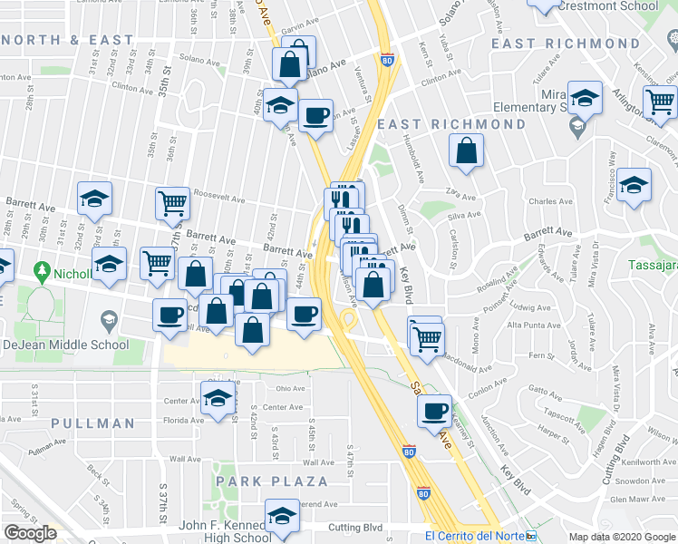 map of restaurants, bars, coffee shops, grocery stores, and more near 459 46th Street in Richmond
