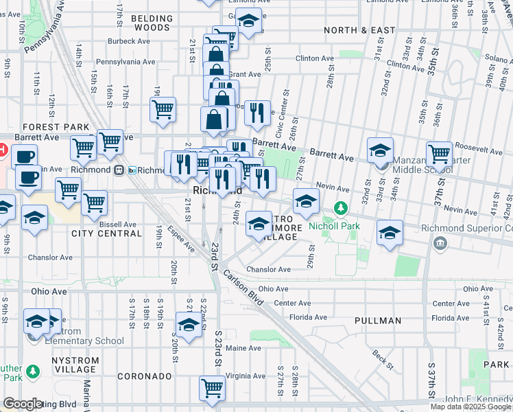 map of restaurants, bars, coffee shops, grocery stores, and more near 256 24th Street in Richmond