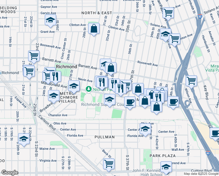 map of restaurants, bars, coffee shops, grocery stores, and more near 337 34th Street in Richmond