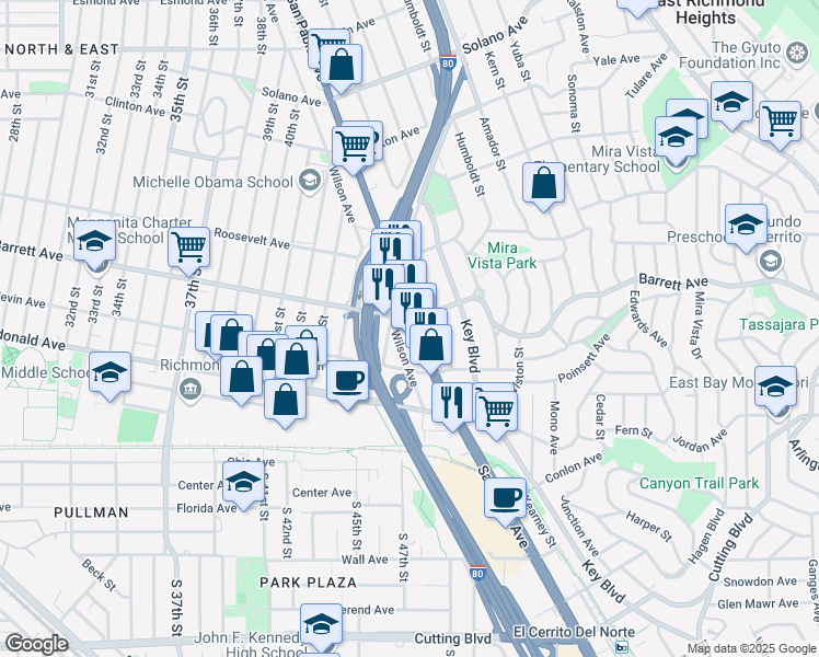 map of restaurants, bars, coffee shops, grocery stores, and more near 12267 San Pablo Ave in Richmond
