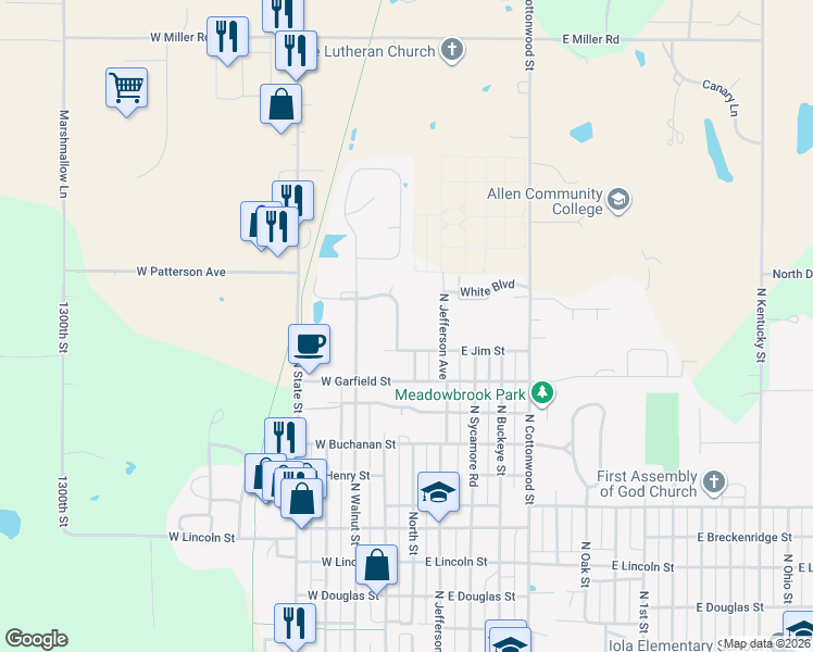 map of restaurants, bars, coffee shops, grocery stores, and more near 1301-1499 Northwestern Street in Iola