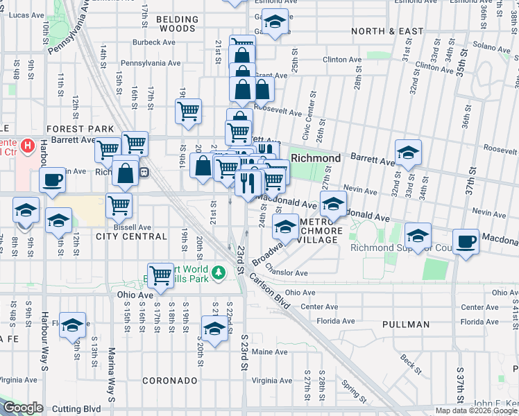 map of restaurants, bars, coffee shops, grocery stores, and more near 245 24th Street in Richmond