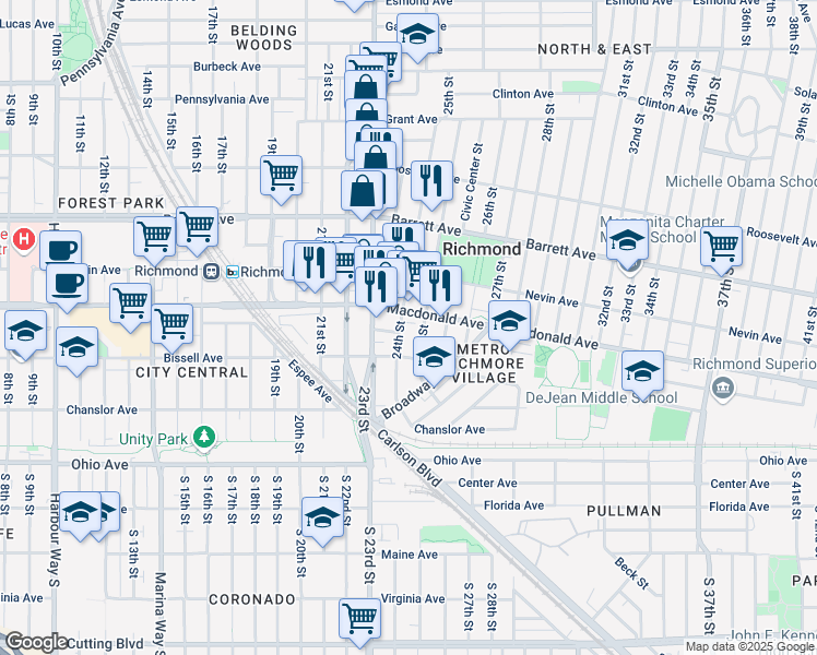 map of restaurants, bars, coffee shops, grocery stores, and more near 256 24th Street in Richmond