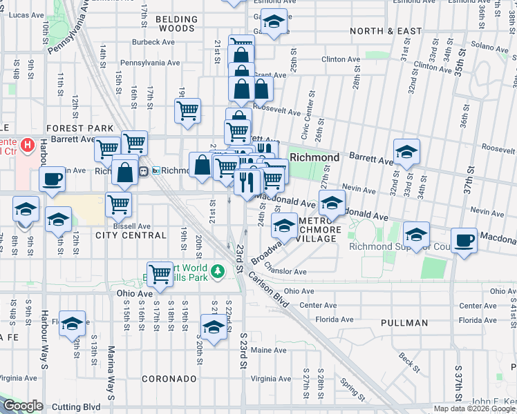 map of restaurants, bars, coffee shops, grocery stores, and more near 245 24th Street in Richmond