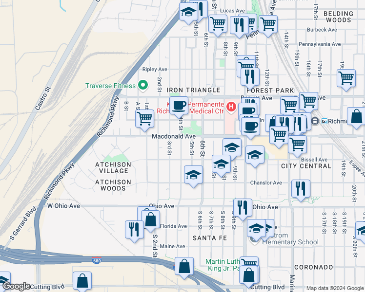map of restaurants, bars, coffee shops, grocery stores, and more near 250 4th Street in Richmond