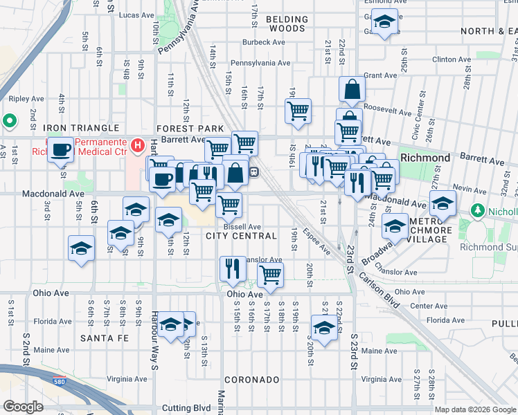 map of restaurants, bars, coffee shops, grocery stores, and more near 251 17th St in Richmond