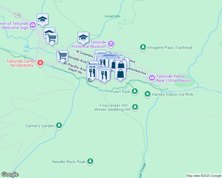 map of restaurants, bars, coffee shops, grocery stores, and more near 320 South Pine Street in Telluride