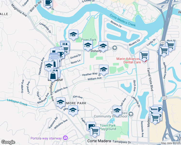 map of restaurants, bars, coffee shops, grocery stores, and more near 32 Heather Way in Larkspur