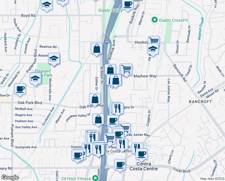 map of restaurants, bars, coffee shops, grocery stores, and more near 3250 Buskirk Avenue in Pleasant Hill