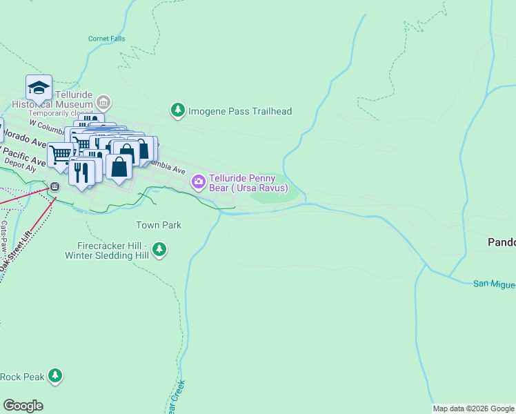 map of restaurants, bars, coffee shops, grocery stores, and more near East Highway 145 Spur in Telluride