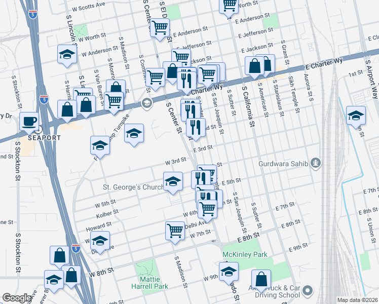 map of restaurants, bars, coffee shops, grocery stores, and more near 16 East 3rd Street in Stockton