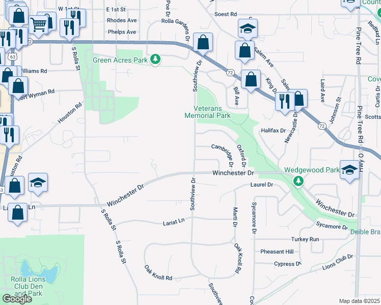 map of restaurants, bars, coffee shops, grocery stores, and more near 618 Southview Drive in Rolla